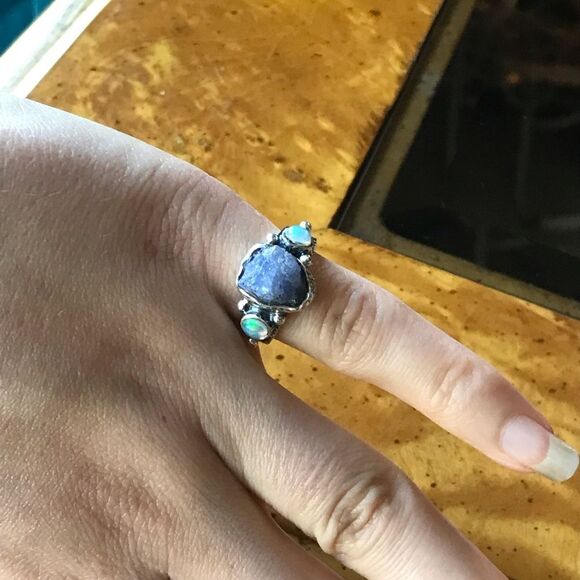 Natural Tanzanite Ethiopian Opal Sterling Silver Ring Size 5 - Picture 3 of 8